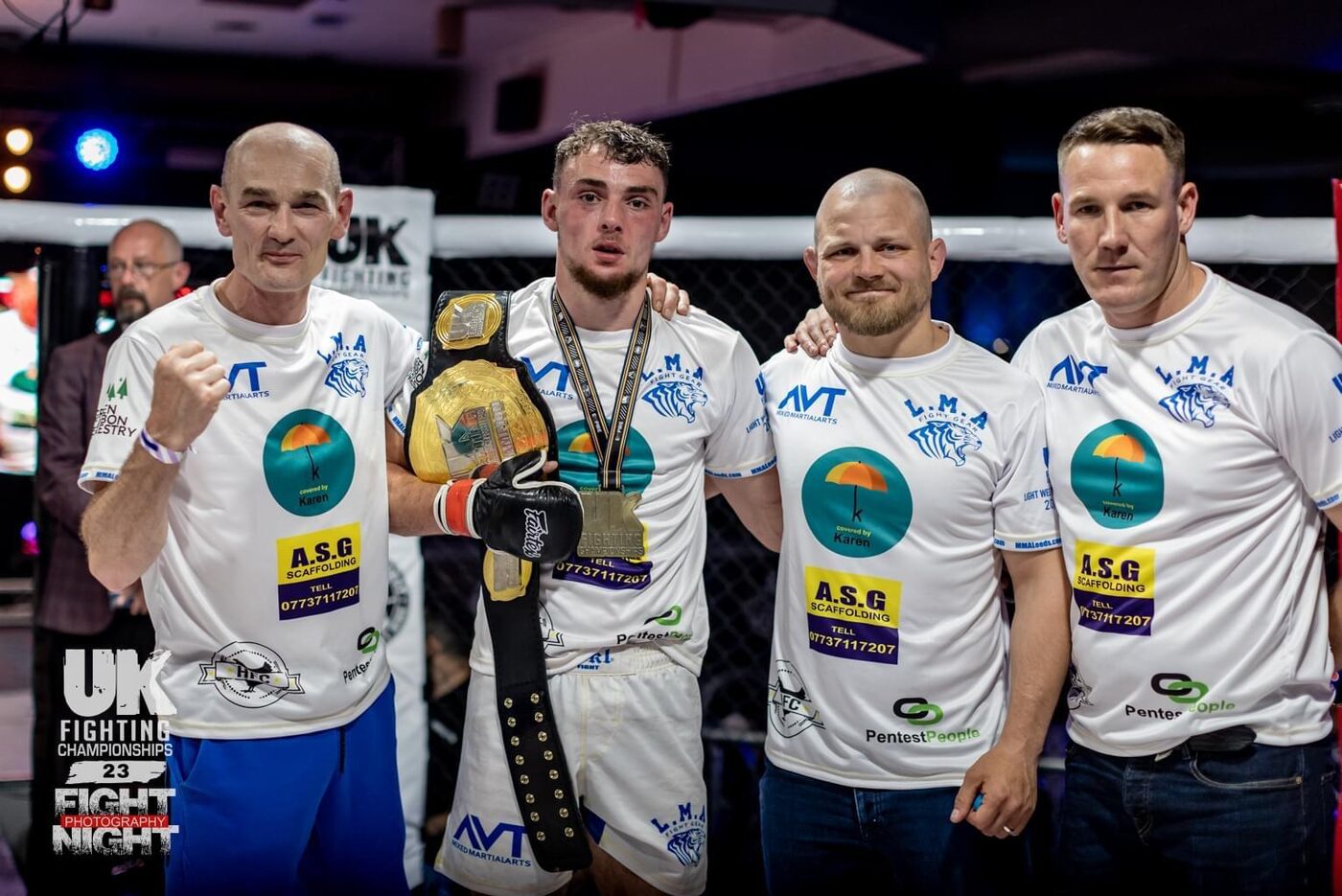 Charlie Lynch-Spence with his Team LMA coaches after fight night