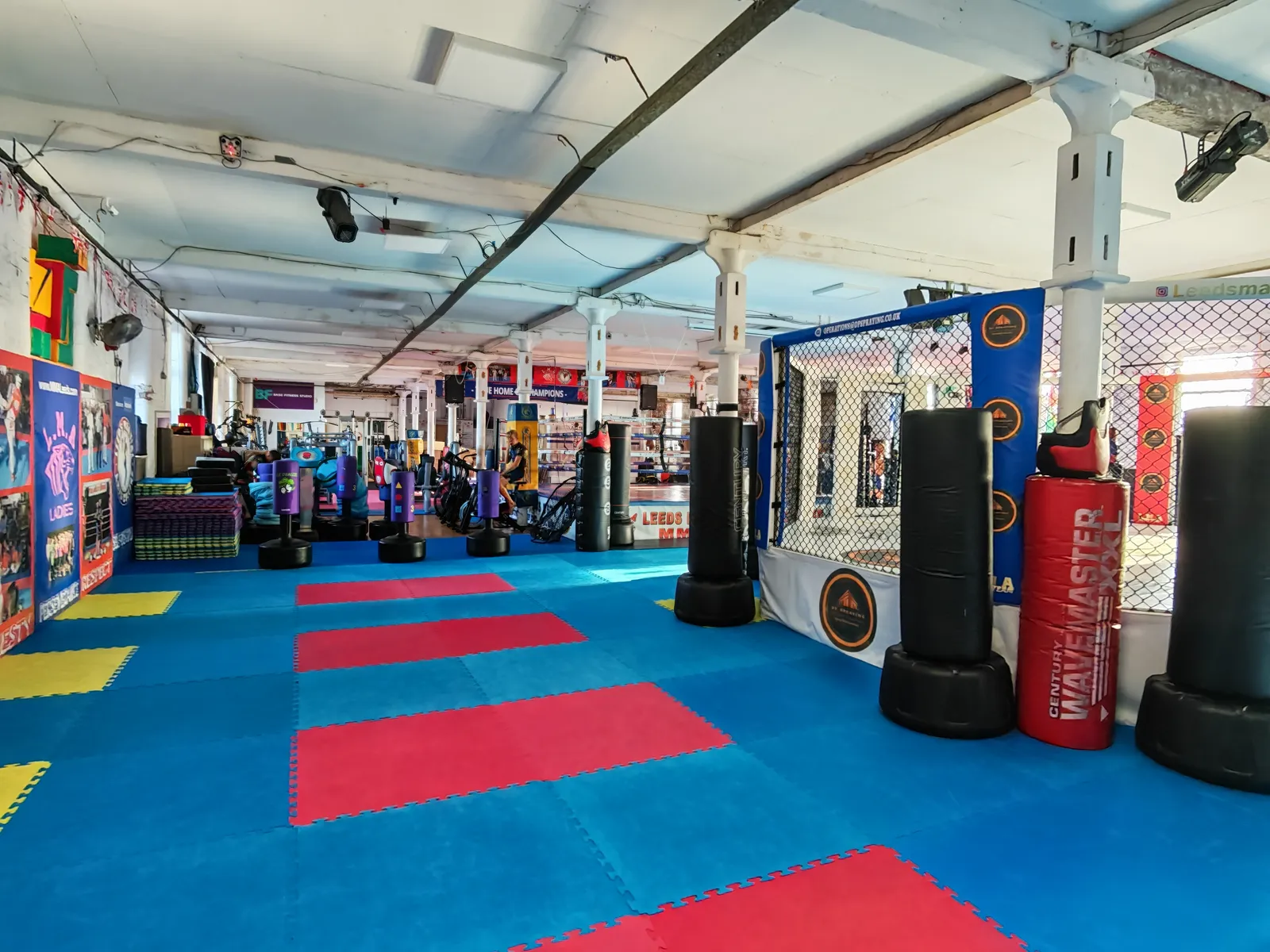 MMA cage and heavy bags inside Leeds Martial Arts College
